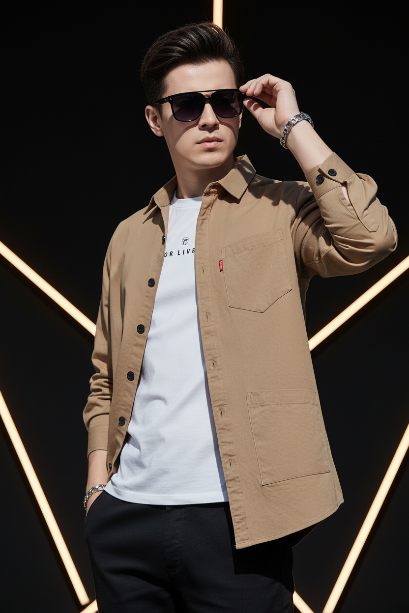 Men's Casual Lapel Shirt Jacket — stylish man with sunglasses, luxury editorial photo